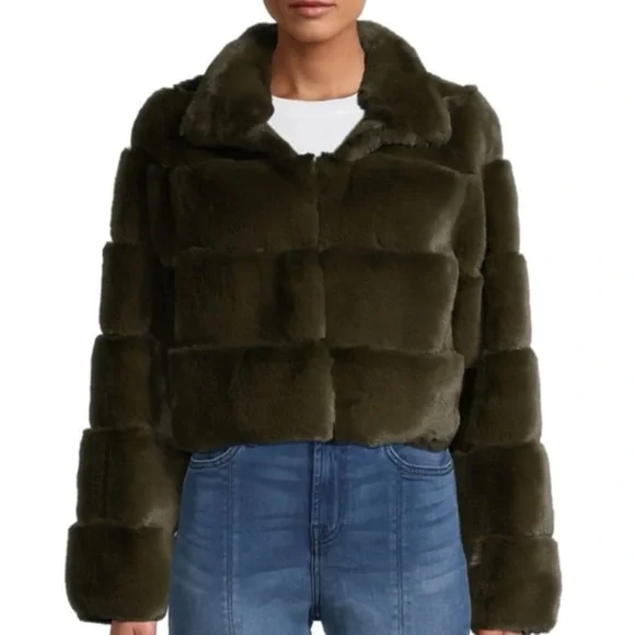 Belle Fare Faux Fur Olive Cropped Jacket - Picture 2 of 16
